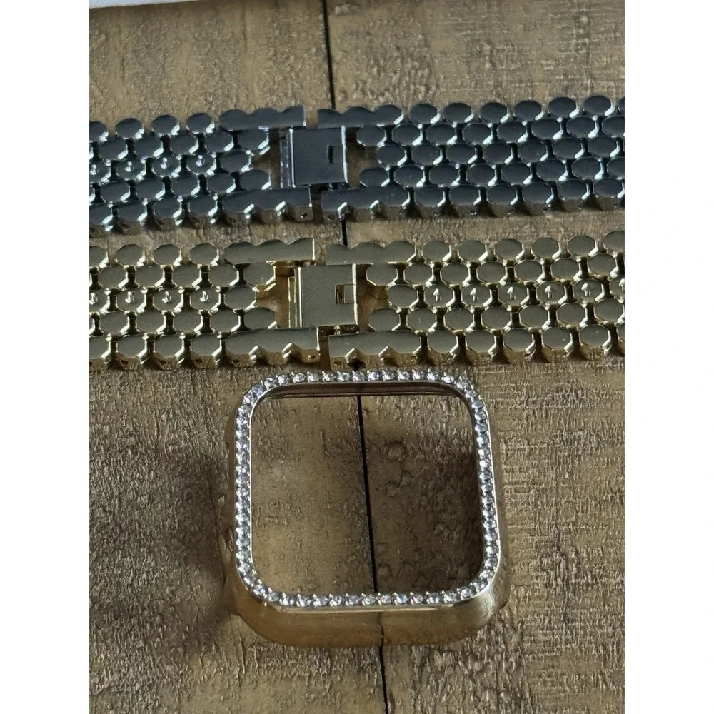 Apple Watch Band Set 44/45/46/49mm Metal Strap Silver Gold + Bling Rhinestone - Picture 3 of 6